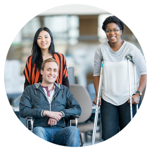 Photo of a person standing, a person in a wheelchair, and a person using crutches